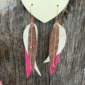 Western Boho faux fringe leather feather long dangle earring w/ gold tone chain